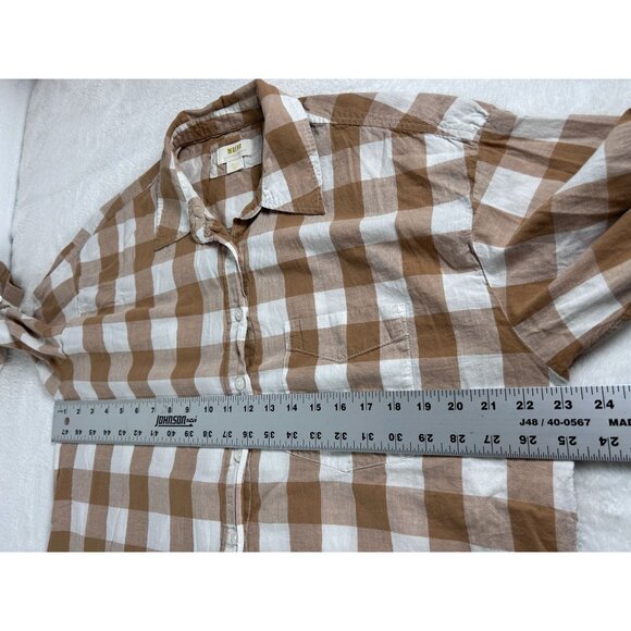 Maeve By Anthropologie Womens Tan White Gingham Button-Up Shirt Tunic Top Small - Picture 7 of 8
